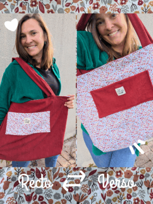 sac cabas réversible – bordeaux et fleurs