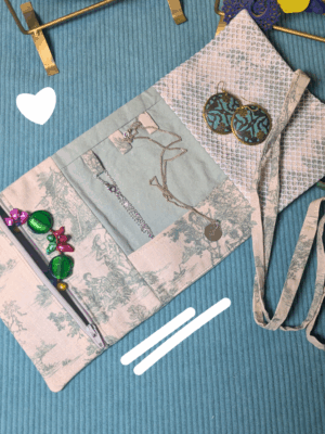 pochette – range bijoux toile de jouy (fermeture écrue)