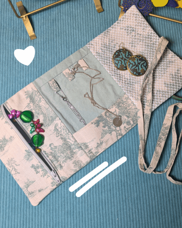 pochette – range bijoux toile de jouy (fermeture écrue)