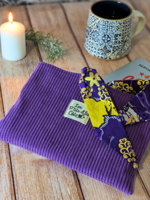 Pochette à livres - Velours violet et wax violet et jaune