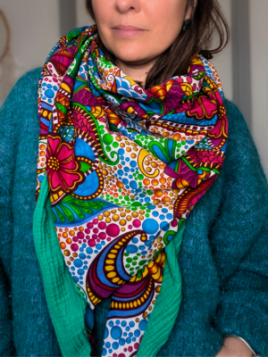 chèche printemps wax géométriques avec ronds colorés