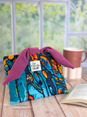 Pochette livre - Wax vagues turquoise, rouge, jaune