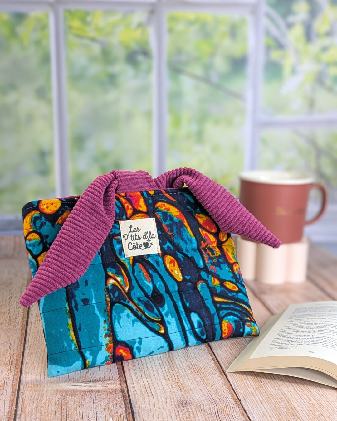 Pochette livre - Wax vagues turquoise, rouge, jaune Pochette livre - Wax vagues turquoise, rouge, jaune