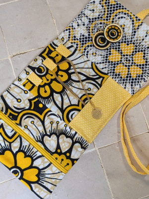 Pochette range-bijoux - Wax fleurs jaunes et blanches