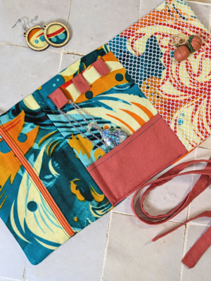 Pochette range-bijoux - Wax vagues turquoises et orange