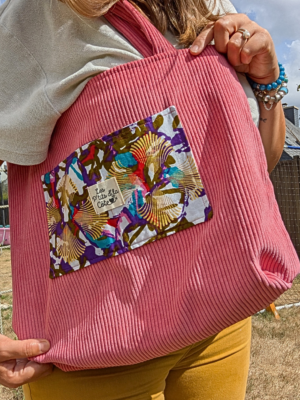 Sac cabas réversible rose et wax à fleurs dorées – pièce unique cousue main en Bretagne