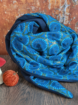 Chèche femme artisanal turquoise et bleu en wax