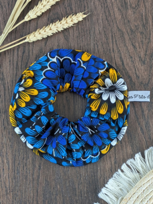 Chouchou floral bleu et jaune cousu main en Bretagne