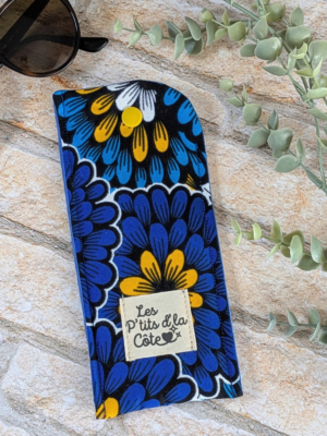 Étui à lunettes floral bleu et jaune cousu main en Bretagne