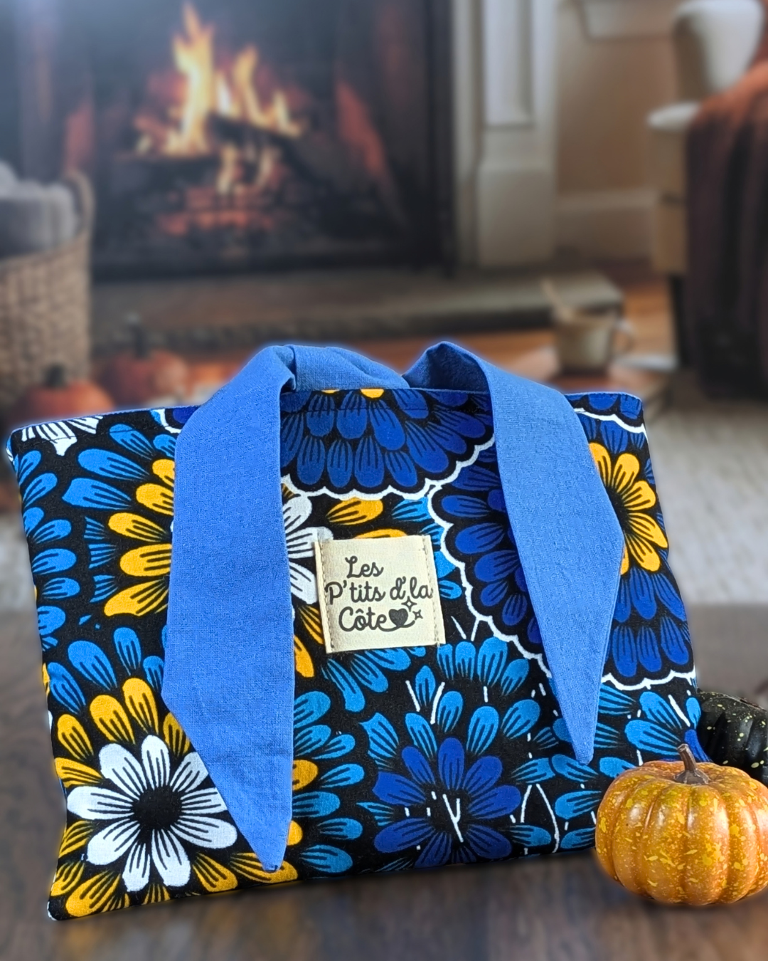 pochette à livres eclat bleu Pochette à livre Éclat Bleu fleurie bleu et jaune