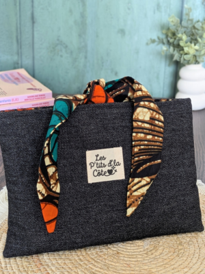 Pochette protège livre en coton style denim et wax